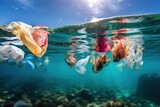 Plastic rubbish floating underwater littering the ocean Destructive human impact on the natural environment