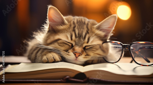 Cat sleeping on an open book with glasses on it