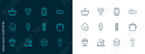 Set line Chicken egg, Roasted turkey or chicken, Food chopsticks, Popcorn in cardboard box, Ice cream, Soda can, Mortar and pestle and Slice of pizza icon. Vector