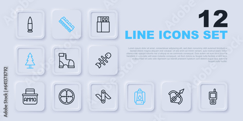 Set line Medieval bow and arrow, Walkie talkie, Hunter boots, Camping lantern, Tree, Sniper optical sight, Hunting cartridge belt and Swiss army knife icon. Vector