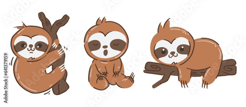 Set of sloth bear cartoon characters . Hand drawn style . White isolated background . Vector .