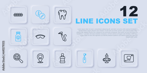 Set line Syringe, X-ray of tooth, Safety goggle glasses, Electric toothbrush, Toothache painkiller tablet, Dental clinic location, and Mouthwash icon. Vector