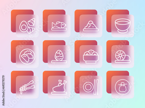 Set line Soy sauce in bowl, Roasted turkey or chicken, Chow mein on plate, Food chopsticks with, Chinese tea egg, Rice, Chicken vegerables and Served fish icon. Vector