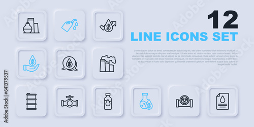 Set line Oil pipe with valve, Contract money and pen, drop dollar symbol, petrol test tube, Canister for motor machine oil and icon. Vector