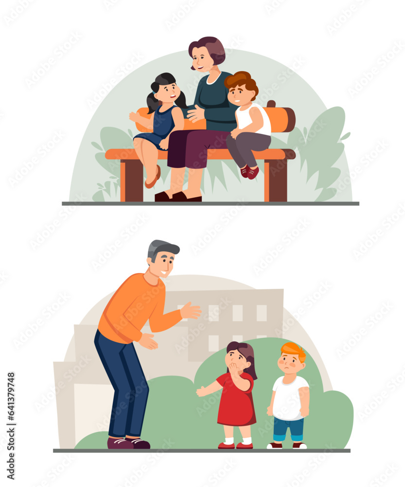 Parents talking situations. kids education concept, family relationship, mothers, fathers, grandparents talking, supporting children. vector cartoon characters Parents talking situations. kids education concept, family relationship, mothers, fathers, grandparents talking, supporting children. vector cartoon characters