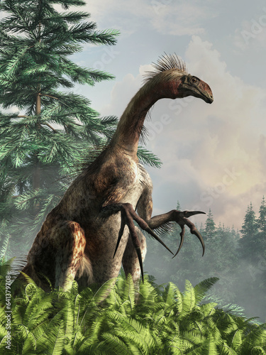 Therizinosaurus is one of the most unusual dinosaurs known to science. Likely a herbivorous theropod, it's known for its huge claws, large belly and long neck. 3D Rendering.