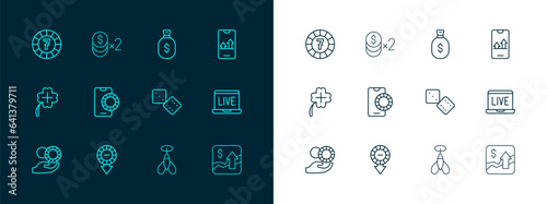 Set line Online sports betting, Casino chips, Game dice, Dart arrow, Money bag, and with dollar icon. Vector
