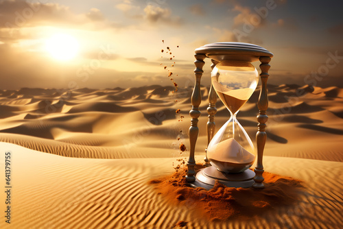 ancient hourglass in desert background, semi realist