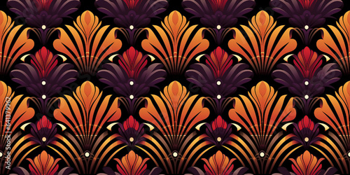 Seamless art deco orange, purple and gold pattern. Mosaic for wallpaper in contemporary vintage style with bright and striking colors for the background. Tile ornament fabric backdrop.