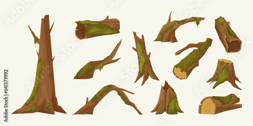 stumps in moss. forest taiga natural objects, cartoon stumps covered with green wet moss. vector cartoon set of isolated objects.