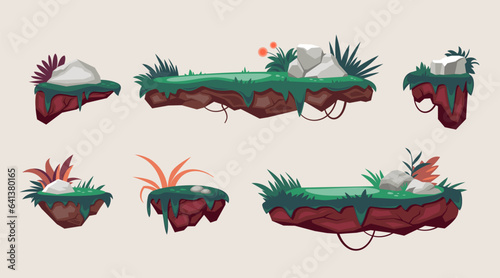 flying game islands. gaming interface design green landscapes, rocky platforms. vector cartoon flat graphics.