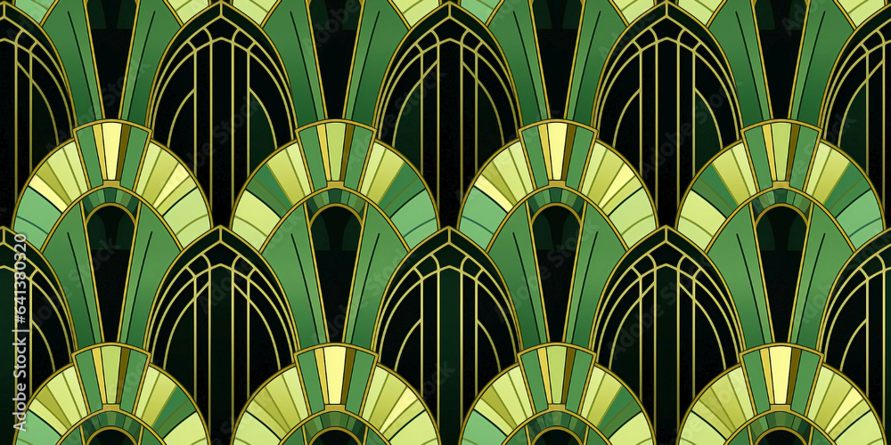 Seamless art deco golden green pattern. Mosaic for wallpaper in contemporary vintage style with bright and striking colors for the background. Tile ornament fabric backdrop. Seamless art deco golden green pattern. Mosaic for wallpaper in contemporary vintage style with bright and striking colors for the background. Tile ornament fabric backdrop.