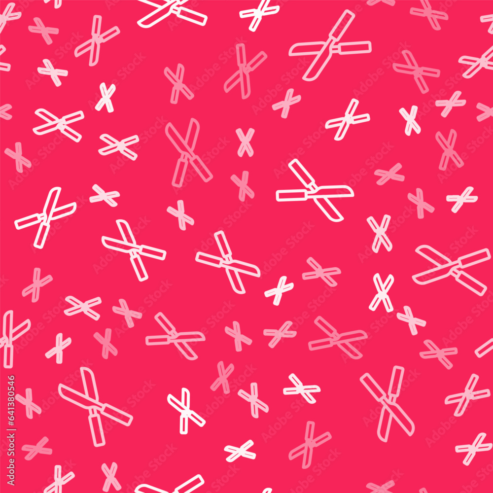 White line Gardening handmade scissors for trimming icon isolated seamless pattern on red background. Pruning shears with wooden handles. Vector White line Gardening handmade scissors for trimming icon isolated seamless pattern on red background. Pruning shears with wooden handles. Vector
