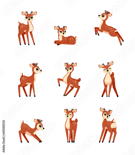 baby deers set. forest animals set, cute fantasy childish baby deer standing and lying in different poses. vector cartoon animals set.