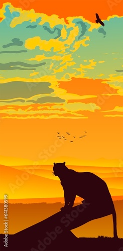 pantera, atardecer, color naranja, aves, nubes, paisaje vertical