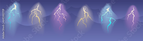 fantasy lighting transparent. bright realistic isolated rain lighting set, different colored items. vector cartoon graphics.