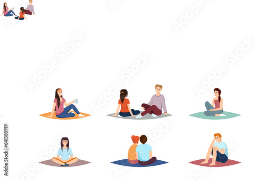 people sitting conversation. characters sitting, speaking on the floor in the room, discuss ground dialog talking. vector cartoon talking male and female characters.