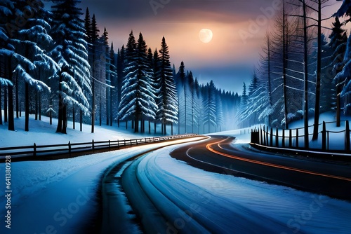 Winter road at night lit by street lamp
