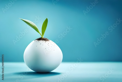 Life Easter minimal concept. Green sprout in white egg on blue background. Se...