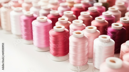 Different shades of pink colored sewing thread spools on white table.
