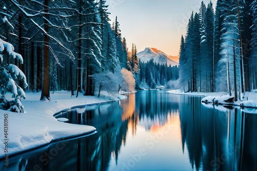 Winter scenery of frozen lake