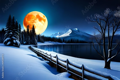 Wonderful view of a winter scene at night with full moon