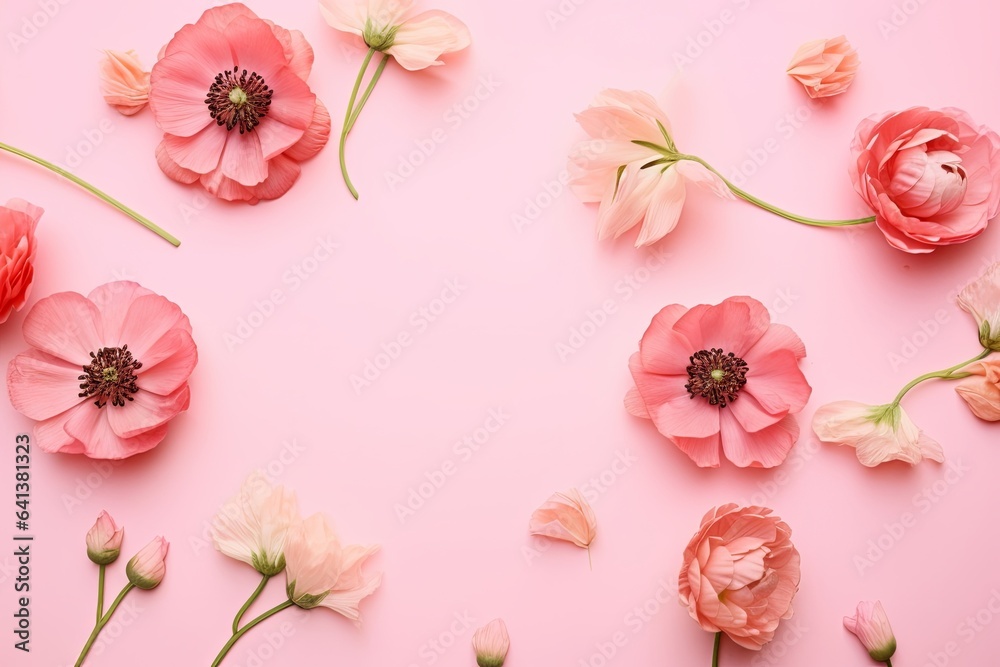 Top view image of pink and purple flowers composition over pastel background, Generative AI Top view image of pink and purple flowers composition over pastel background, Generative AI