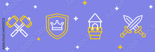 Set line Crossed medieval sword, Castle tower, Shield with crown and battle hammers icon. Vector