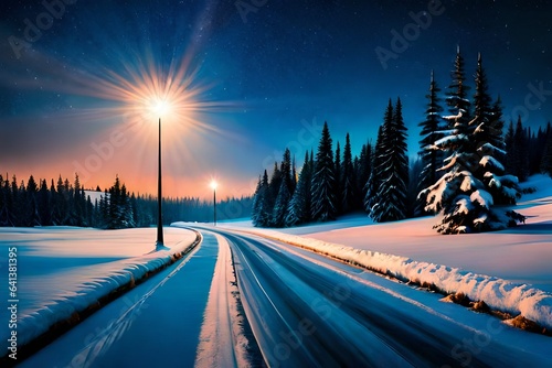 Winter road at night lit by street lamp