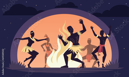 african ritual background. ancient traditional ceremony near fireplace, cartoon aboriginal ethnic dancers. vector cartoon flat background.
