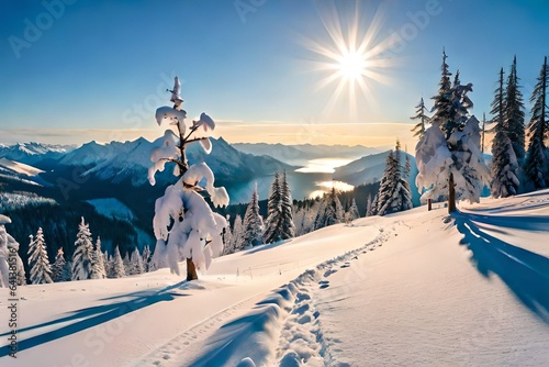 Christmas Fir Tree On Wooden Background With Snowflakes