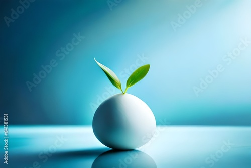 Life Easter minimal concept. Green sprout in white egg on blue background. Se...