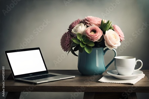 Composition with a modern laptop, a white cup and other vintage things with a...