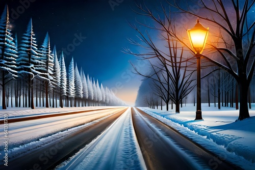 Winter road at night lit by street lamp