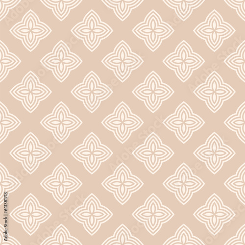 Simple vector floral geometric seamless pattern. Abstract geometric ornament with small flowers in oriental style. Subtle beige elegant mosaic background. Ornamental texture. Minimal repeat design