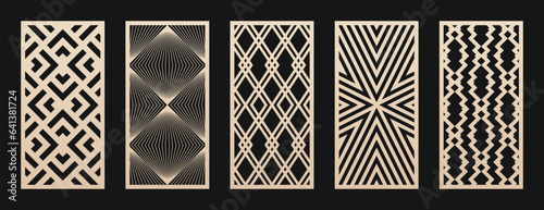 Laser cut patterns. Vector collection of CNC cutting templates with abstract geometric ornament, grid, mesh, lines, chevron. Decorative stencil for laser cut of wood, metal, plastic. Aspect ratio 1:2