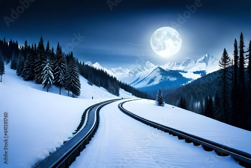 Wonderful view of a winter scene at night with full moon