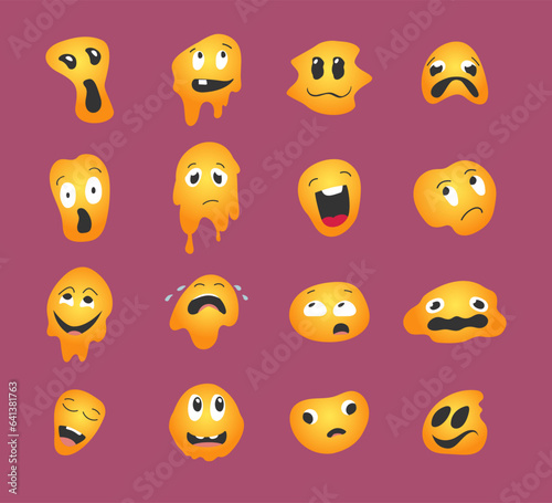 melt faces set. distorted yellow emoji faces isolated oblects, trippy psychedelic stickers, 90s retro groovy items. vector cartoon set. photo