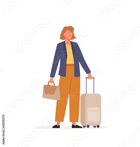 Woman having a business trip with suitcase. Female character standing with lugagge and holding briefcase