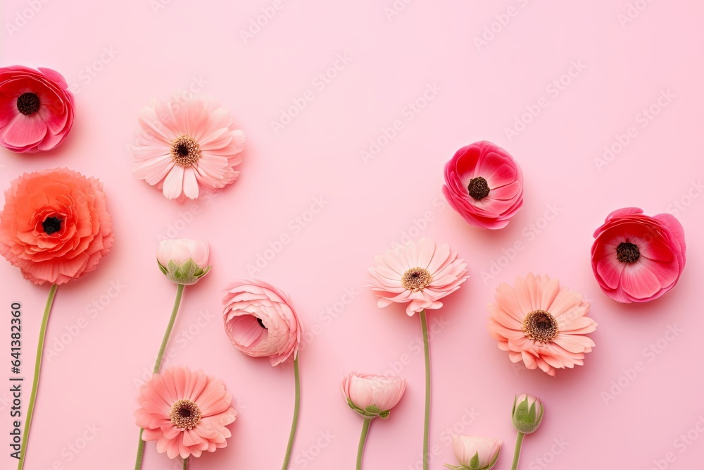 Top view image of pink flowers composition over pastel background, Generative AI Top view image of pink flowers composition over pastel background, Generative AI