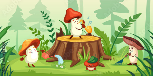 mushrooms in forest. cartoon fantasy forest cute funny baby mushrooms childish characters in mystic forest meadow. vector cartoon characters background.