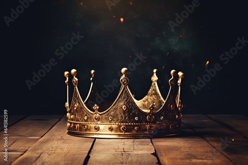 low key image of beautiful queen or king crown over wooden table. vintage filtered. fantasy medieval period, Generative AI