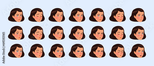 Fototapeta Naklejka Na Ścianę i Meble -  Sporty teenage girl emote set, young brunette hair woman portrait bundle. Healthy attractive female head facial expressions. Different cute face icons, positive, negative emotion pic. Vector cartoon