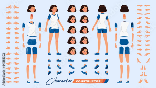 Sporty teenage, attractive brunette tomboy girl character DIY constructor. Active young woman figure parts. Head, leg, hand gestures, female coach different emotions. Vector cartoon construction kit