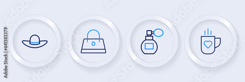 Set line Coffee cup and heart, Perfume, Handbag and Elegant women hat icon. Vector