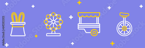 Set line Unicycle, Fast street food cart, Ferris wheel and Magician hat and rabbit ears icon. Vector