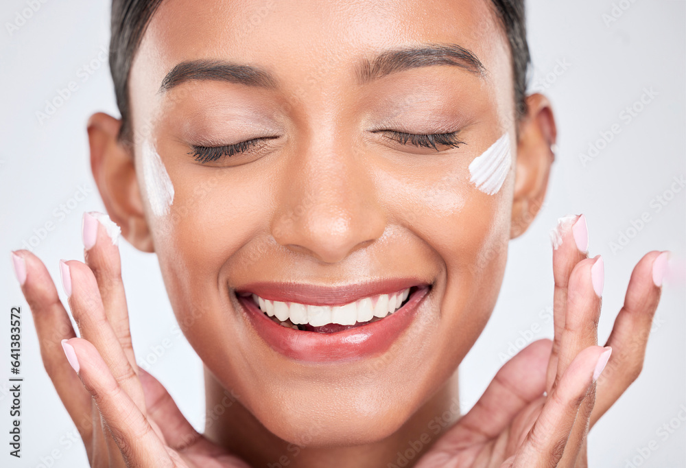Happy, cream and woman with beauty, cosmetics or dermatology on a white studio background. Person, creme or model with moisturiser or wellness with self care, lotion or aesthetic with shine and glow Happy, cream and woman with beauty, cosmetics or dermatology on a white studio background. Person, creme or model with moisturiser or wellness with self care, lotion or aesthetic with shine and glow