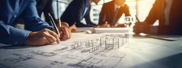 Team of architects and engineers study a blueprint of the future building