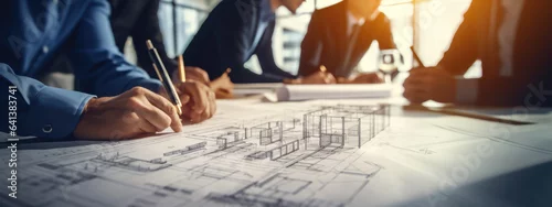 Obraz Team of architects and engineers study a blueprint of the future building