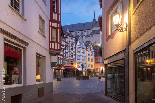 Facades of old traditional houses in the market square at dawn. Cochem. Germany. © pillerss